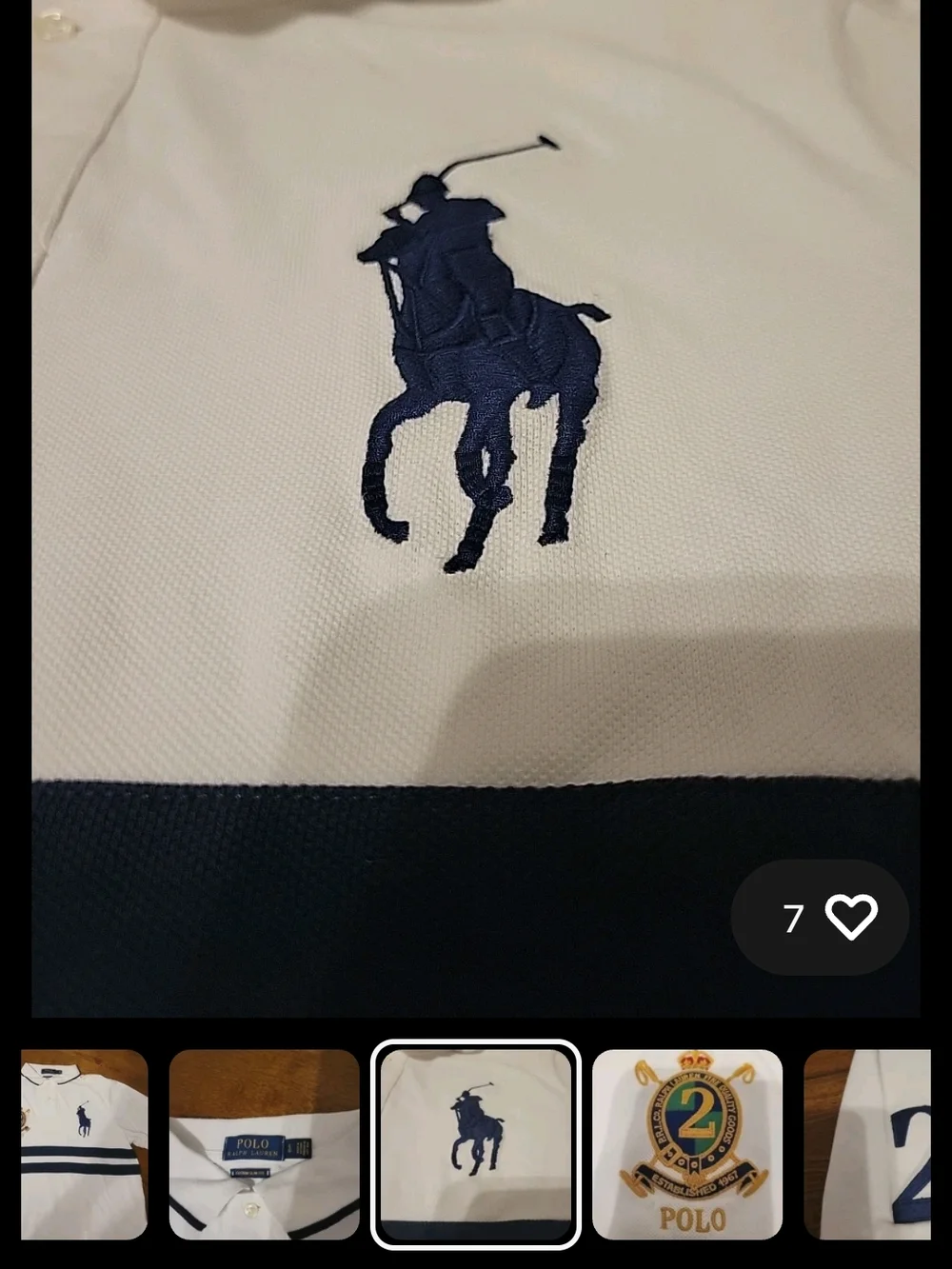 Ralph Lauren White Polo Shirt with Navy Stripes & Pony Logo - Picture 6 of 10